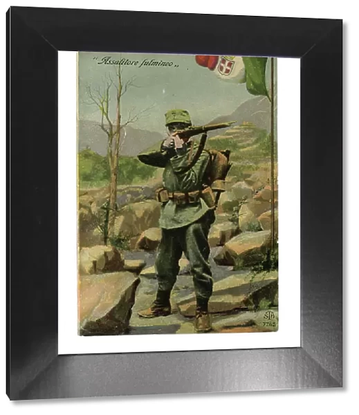 Italian Fusilier with rifle poses before a painted mountain