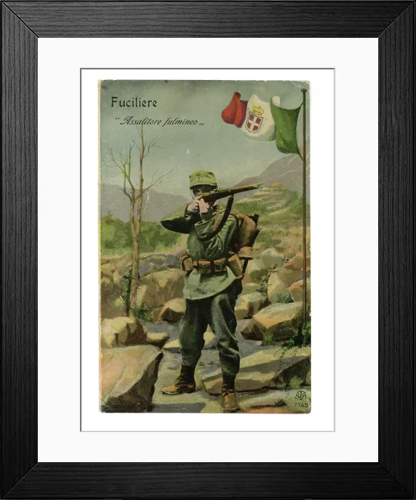Framed Print : Italian Fusilier with rifle poses before a painted mountain Framed Print : Italian Fusilier with rifle poses before a painted mountain
