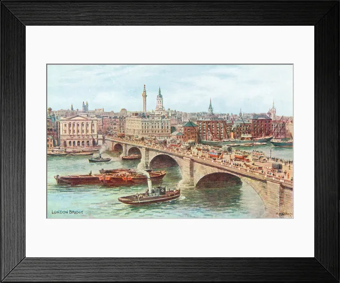 Framed Print : Crowded London Bridge, boats, Nelson's Column behind Framed Print : Crowded London Bridge, boats, Nelson's Column behind