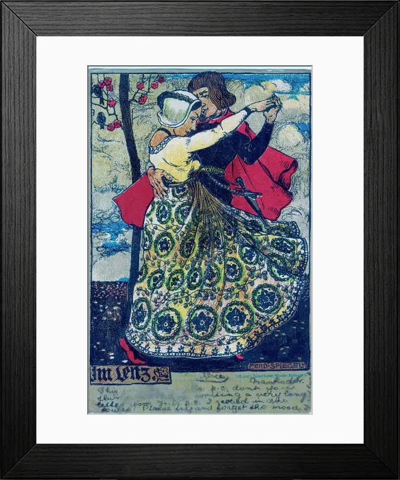 Framed Print : Medieval dancing couple. Man in red cloak with dagger Framed Print : Medieval dancing couple. Man in red cloak with dagger