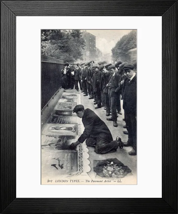 Framed Print : Crowd of flat capped youths watching a street artist Framed Print : Crowd of flat capped youths watching a street artist