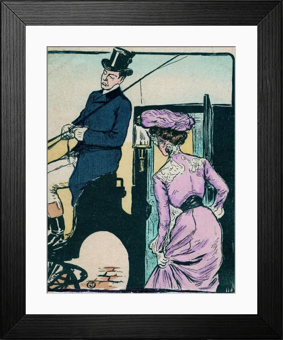 Framed Print : Edwardian lady hailing a top hatted cabbie Framed Print : Edwardian lady hailing a top hatted cabbie