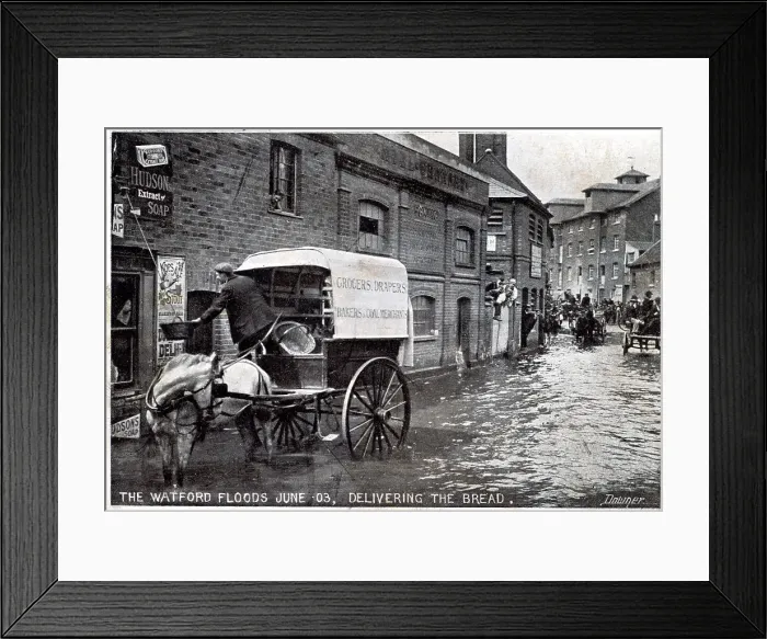 Framed Print : Horse and cart making deliveries in a flooded street Framed Print : Horse and cart making deliveries in a flooded street