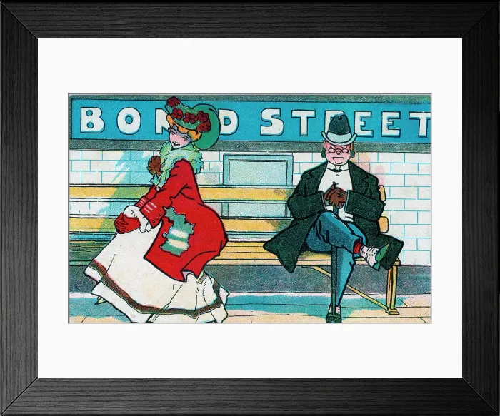 Framed Print : Coquettish Edwardian lady & peeking gentleman on seat