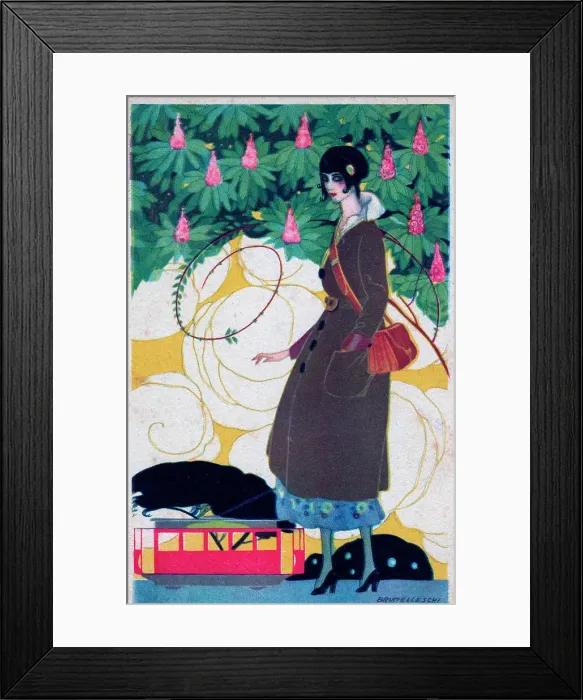 Framed Print : Art deco lady with handbag, long coat and high heels Framed Print : Art deco lady with handbag, long coat and high heels