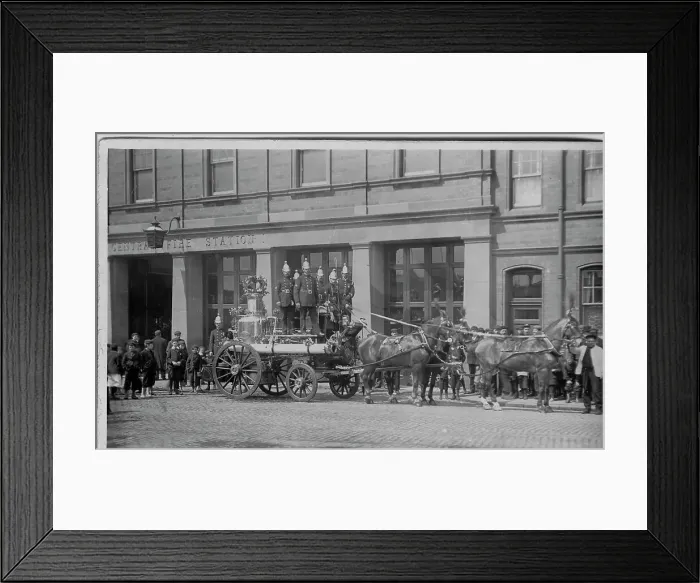 Framed Print : Superb four horse fire engine with firemen