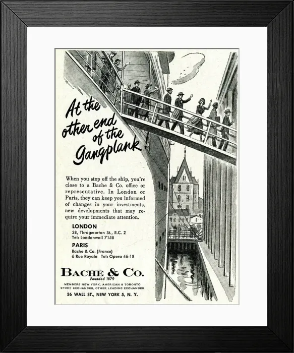 Framed Print : Advert, At the other end of the Gangplank, Bache & Co Framed Print : Advert, At the other end of the Gangplank, Bache & Co