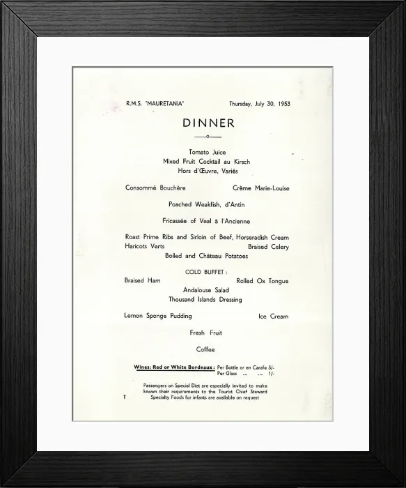 Framed Print : Dinner Menu, Cunard liner, RMS Mauretania Framed Print : Dinner Menu, Cunard liner, RMS Mauretania