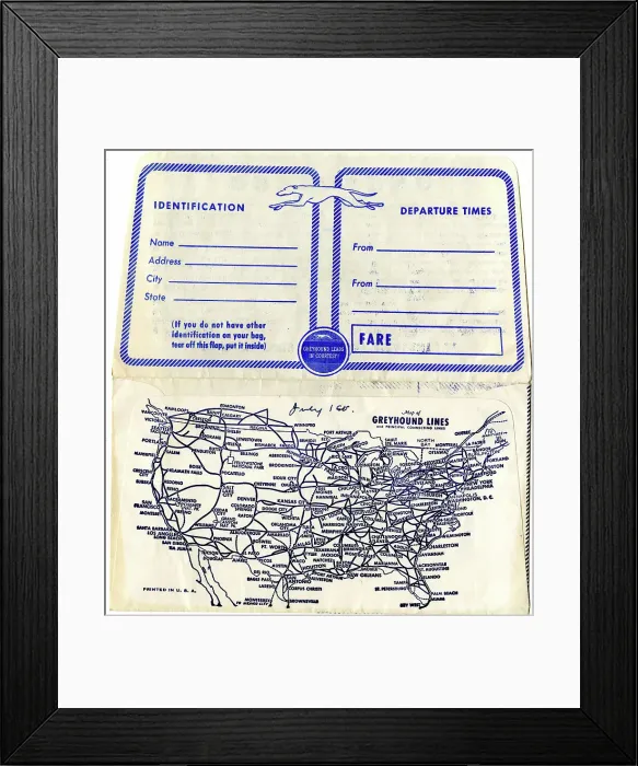 Framed Print : Greyhound Lines, ticket wallet including USA routes map Framed Print : Greyhound Lines, ticket wallet including USA routes map