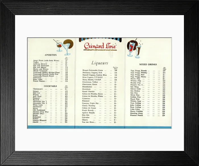 Framed Print : Price list, drinks on board Cunard liner RMS Mauretania Framed Print : Price list, drinks on board Cunard liner RMS Mauretania