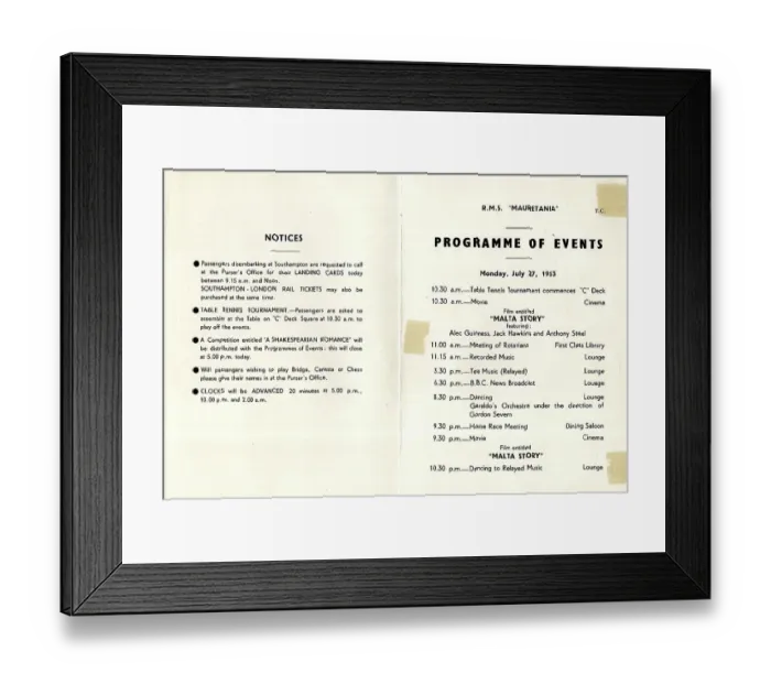 Framed Print : Programme of Events on board RMS Mauretania Framed Print : Programme of Events on board RMS Mauretania