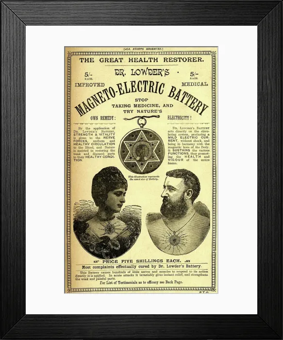 Framed Print : Advert, Dr Lowder's Magneto-Electric Battery Framed Print : Advert, Dr Lowder's Magneto-Electric Battery