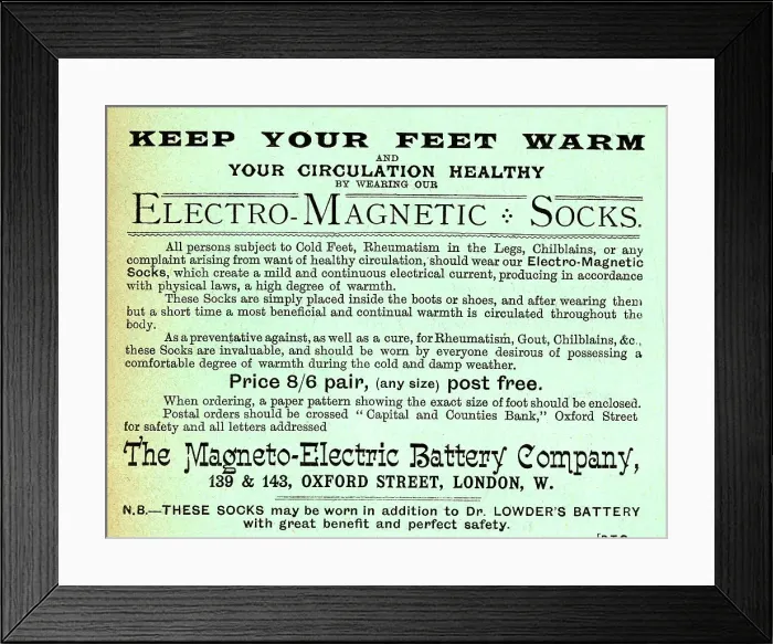 Framed Print : Advert, Dr Lowder's Electro-Magnetic Socks Framed Print : Advert, Dr Lowder's Electro-Magnetic Socks