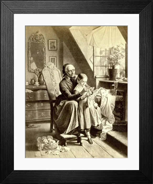Framed Print : Grandmother giving little girl a knitting lesson Framed Print : Grandmother giving little girl a knitting lesson