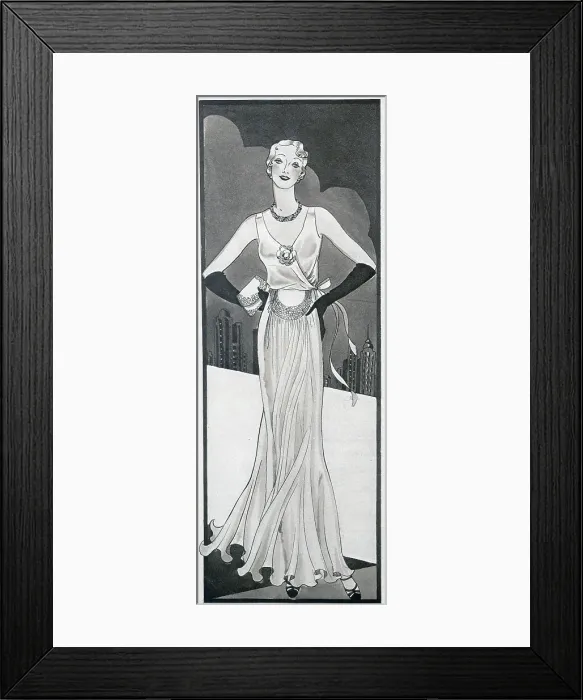 Framed Print : A sketch showing the current fashion in women's eveningwear, including gloves, jewellery, evening bag and shoes. Date: circa 1932 Framed Print : A sketch showing the current fashion in women's eveningwear, including gloves, jewellery, evening bag and shoes. Date: circa 1932