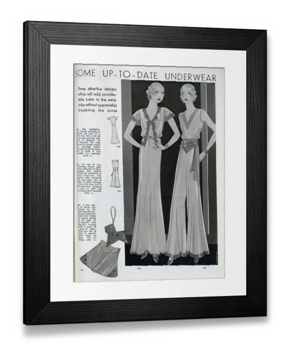 Framed Print : Sketch illustrating some fashions in women's night attire - a nightgown and pyjamas. Date: circa 1932 Framed Print : Sketch illustrating some fashions in women's night attire - a nightgown and pyjamas. Date: circa 1932