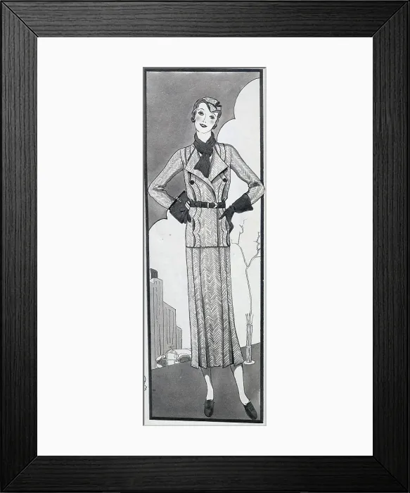 Framed Print : A sketch of a woman in a fashionable tweed suit, accessorised with hat, scarf and handbag. This sort of outfit was popular for wearing in the country, or for mornings in town. Date: circa 1932 Framed Print : A sketch of a woman in a fashionable tweed suit, accessorised with hat, scarf and handbag. This sort of outfit was popular for wearing in the country, or for mornings in town. Date: circa 1932
