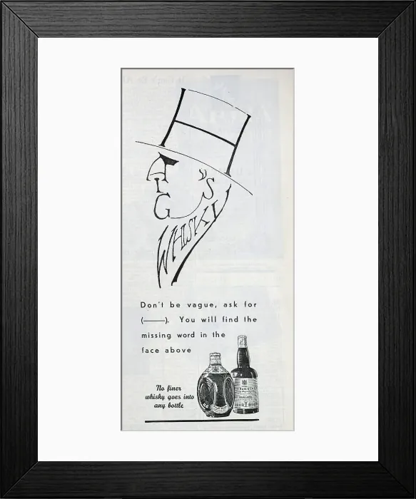 Framed Print : Advert for Haig Whisky. The Haig brand name is disguised in the profile of the gentleman. Date: circa 1932 Framed Print : Advert for Haig Whisky. The Haig brand name is disguised in the profile of the gentleman. Date: circa 1932