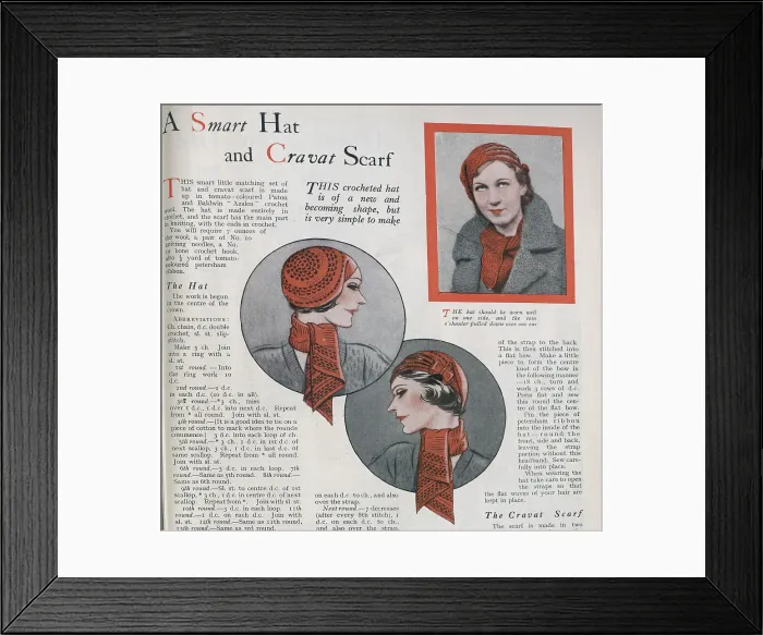 Framed Print : A crocheted hat and a knitted and crocheted cravat scarf. The images accompanied instructions on how to create the garments yourself. Date: 1932 Framed Print : A crocheted hat and a knitted and crocheted cravat scarf. The images accompanied instructions on how to create the garments yourself. Date: 1932