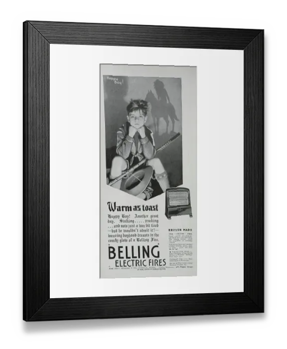 Framed Print : An advert for Belling Electric Fires, suggesting that as well as creating warmth, they can also help to generate daydreams. Date: circa 1932 Framed Print : An advert for Belling Electric Fires, suggesting that as well as creating warmth, they can also help to generate daydreams. Date: circa 1932
