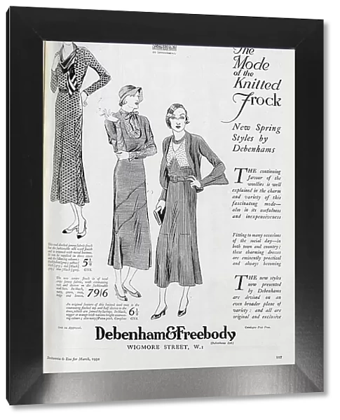 Advert for Debenham & Freebody, showcasing their new styles of knitted frock for the spring. Date: 1932