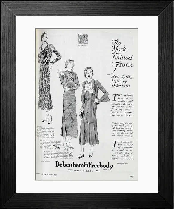 Framed Print : Advert for Debenham & Freebody, showcasing their new styles of knitted frock for the spring. Date: 1932 Framed Print : Advert for Debenham & Freebody, showcasing their new styles of knitted frock for the spring. Date: 1932