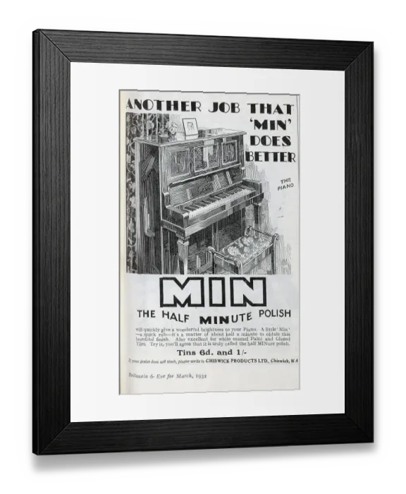 Framed Print : Advert for Min Piano Polish, promising a beautiful finish in half a minute. Date: 1932 Framed Print : Advert for Min Piano Polish, promising a beautiful finish in half a minute. Date: 1932