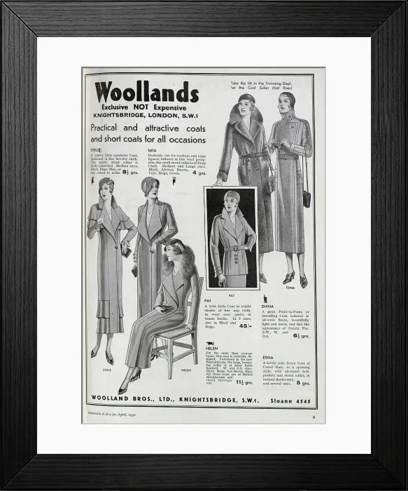 Framed Print : Advert for Woollands, illustrating their range of women's coats and short coats. Date: 1932 Framed Print : Advert for Woollands, illustrating their range of women's coats and short coats. Date: 1932