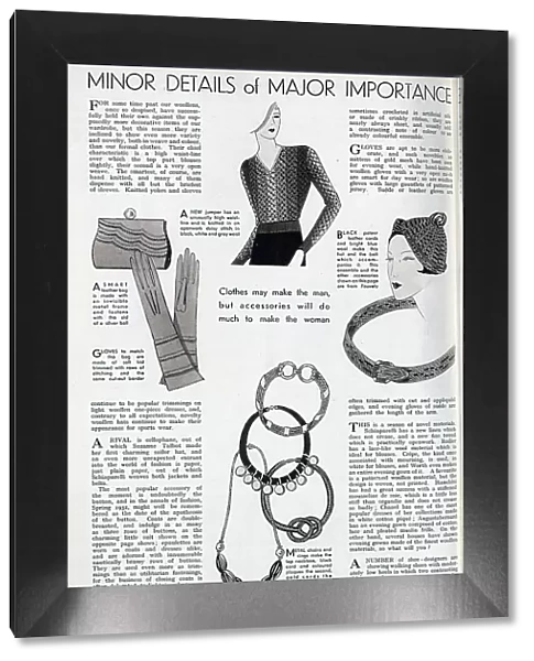 Styles of women's accessories popular in Spring 1932. Date: 1932