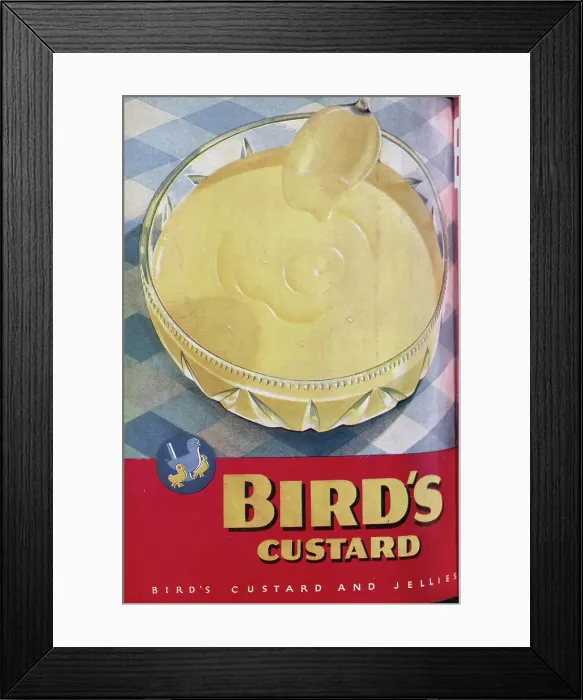 Framed Print : Advert for Bird's Custard, highlighting its nutritional value when served with rhubarb. Date: 1932 Framed Print : Advert for Bird's Custard, highlighting its nutritional value when served with rhubarb. Date: 1932