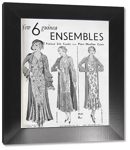 Advert for Marshall and Snelgrove's range of printed silk frocks, worn with woollen coats. Date: 1932