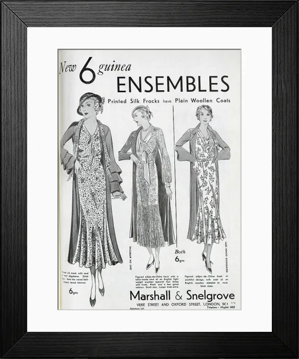 Framed Print : Advert for Marshall and Snelgrove's range of printed silk frocks, worn with woollen coats. Date: 1932 Framed Print : Advert for Marshall and Snelgrove's range of printed silk frocks, worn with woollen coats. Date: 1932