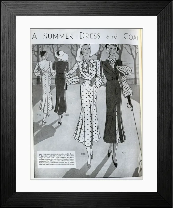 Framed Print : Designs for women's summer dresses. The patterns were available to order for home dressmakers. Date: 1932 Framed Print : Designs for women's summer dresses. The patterns were available to order for home dressmakers. Date: 1932