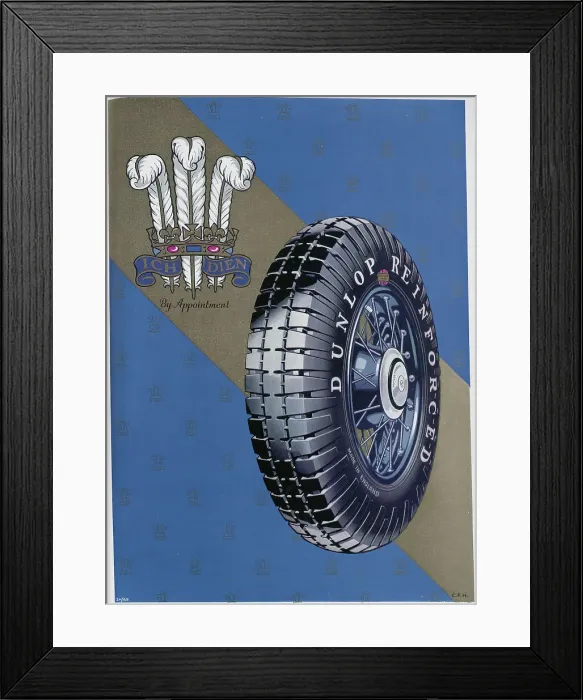 Framed Print : Advert for Dunlop Tyres, featuring the crest of the Prince of Wales. The incumbent Prince of Wales at the time went on to become King Edward VIII. Date: 1932 Framed Print : Advert for Dunlop Tyres, featuring the crest of the Prince of Wales. The incumbent Prince of Wales at the time went on to become King Edward VIII. Date: 1932