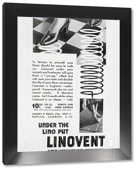 Advert for Linovent, which could be laid under carpets and linoleum to create extra spring and deaden noise. Date: 1932
