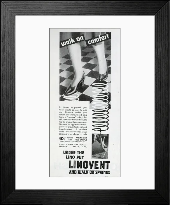 Framed Print : Advert for Linovent, which could be laid under carpets and linoleum to create extra spring and deaden noise. Date: 1932 Framed Print : Advert for Linovent, which could be laid under carpets and linoleum to create extra spring and deaden noise. Date: 1932