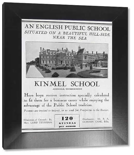 Advert for Kinmel School, a boys public school in Denbighshire, aimed at preparing pupils for a career in business. Post-war, it became the site of the Clarendon School for Girls. Date: 1932