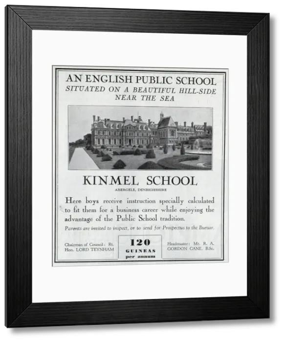 Framed Print : Advert for Kinmel School, a boys public school in Denbighshire, aimed at preparing pupils for a career in business. Post-war, it became the site of the Clarendon School for Girls. Date: 1932 Framed Print : Advert for Kinmel School, a boys public school in Denbighshire, aimed at preparing pupils for a career in business. Post-war, it became the site of the Clarendon School for Girls. Date: 1932