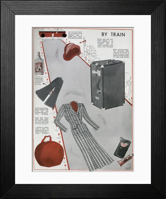Framed Print : Suggestions for hats, luggage, fashions and accessories to take on a train journey. Date: 1932 Framed Print : Suggestions for hats, luggage, fashions and accessories to take on a train journey. Date: 1932