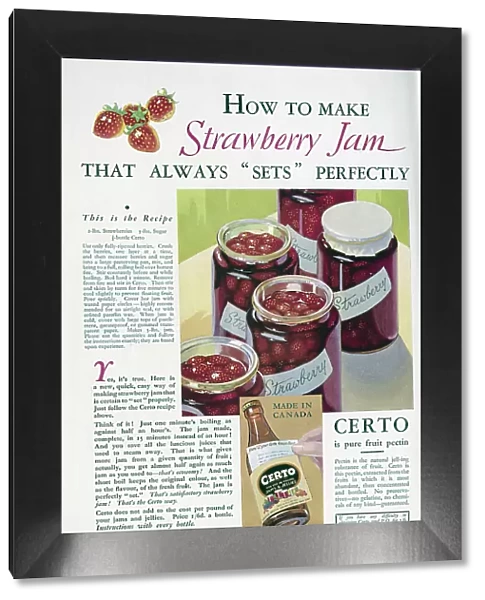 Advert for Certo pure fruit pectin, featuring a recipe for strawberry jam. Date: 1932