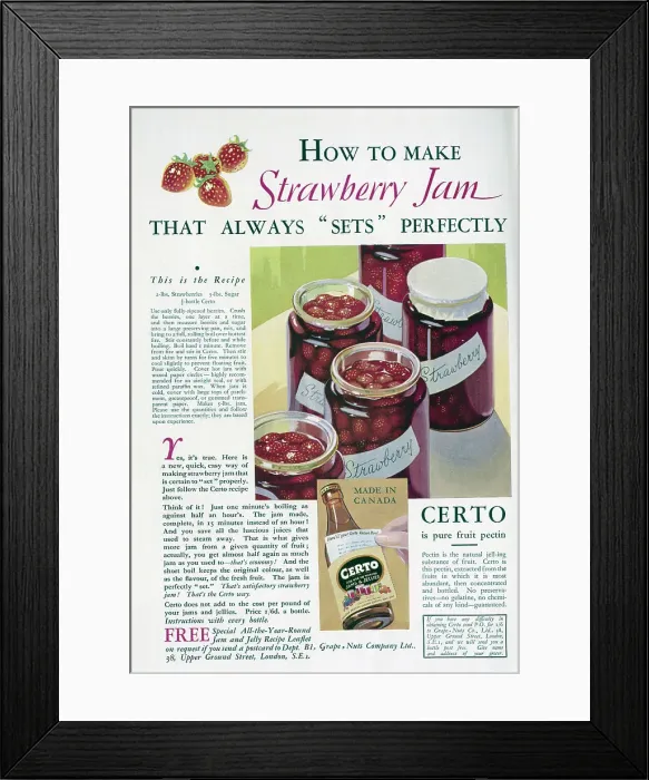 Framed Print : Advert for Certo pure fruit pectin, featuring a recipe for strawberry jam. Date: 1932 Framed Print : Advert for Certo pure fruit pectin, featuring a recipe for strawberry jam. Date: 1932