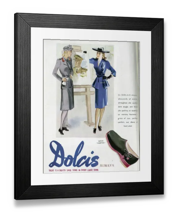 Framed Print : A wartime advert for Dolcis Shoes, emphasising their comfort and durability as well as their grace of line'. Date: 1943