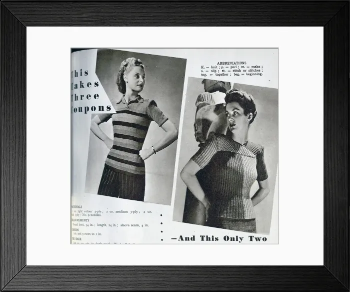 Framed Print : Designs for women's knitwear, published with instructions on how to make the garments at home. Date: 1943 Framed Print : Designs for women's knitwear, published with instructions on how to make the garments at home. Date: 1943
