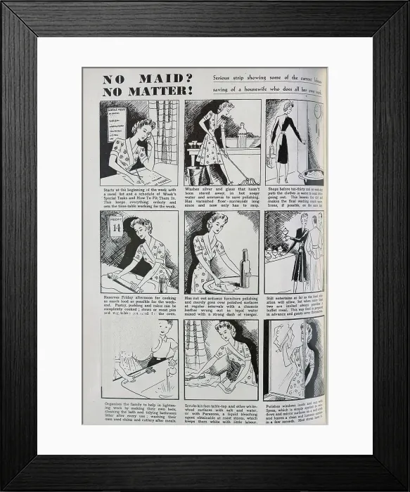 Framed Print : Cartoons showing the activities of a diligent wartime housewife, operating without the assistance of a maid. Date: 1943 Framed Print : Cartoons showing the activities of a diligent wartime housewife, operating without the assistance of a maid. Date: 1943