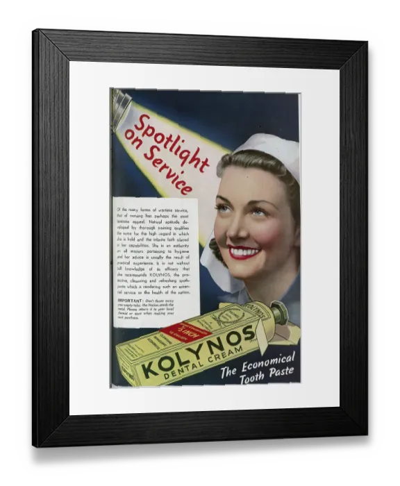 Framed Print : Wartime advert for Kolynos Toothpaste, employing the imagery of a nurse to vouch for its efficacy. Date: 1943 Framed Print : Wartime advert for Kolynos Toothpaste, employing the imagery of a nurse to vouch for its efficacy. Date: 1943