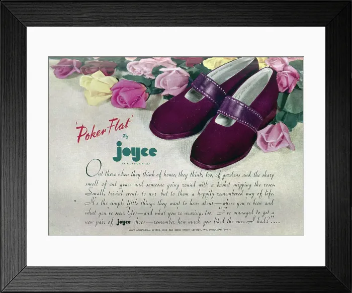 Framed Print : Wartime advert for the Poker Flat range from Joyce Shoes. Date: 1943 Framed Print : Wartime advert for the Poker Flat range from Joyce Shoes. Date: 1943