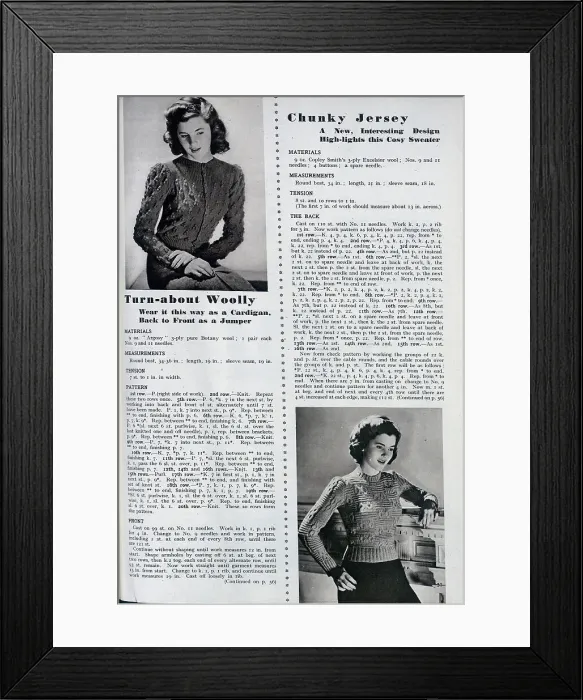 Framed Print : Some ideas and instructions for home knitting projects - a twin set, and woollen stockings. Date: 1943 Framed Print : Some ideas and instructions for home knitting projects - a twin set, and woollen stockings. Date: 1943