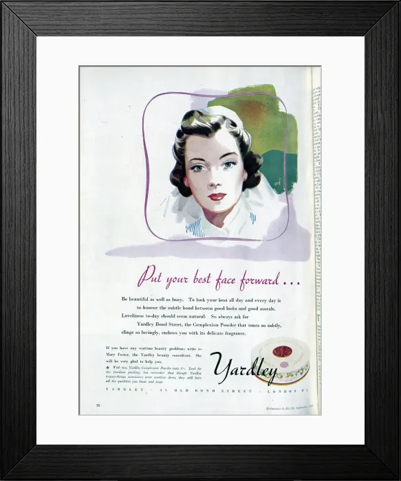 Framed Print : Wartime advert for Yardley Complexion Powder, featuring the face of a nurse. Date: 1943 Framed Print : Wartime advert for Yardley Complexion Powder, featuring the face of a nurse. Date: 1943