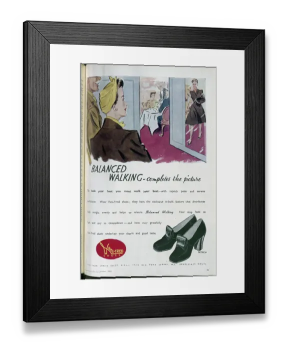 Framed Print : Wartime advert for Vani-Tred shoes, designed to ensure superb poise. Date: 1943 Framed Print : Wartime advert for Vani-Tred shoes, designed to ensure superb poise. Date: 1943