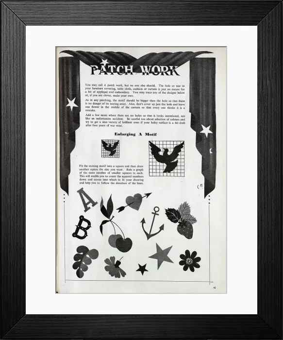 Framed Print : Instructions for creating decorative patches to repair holes in fabric, with ideas for motifs. Date: 1943 Framed Print : Instructions for creating decorative patches to repair holes in fabric, with ideas for motifs. Date: 1943